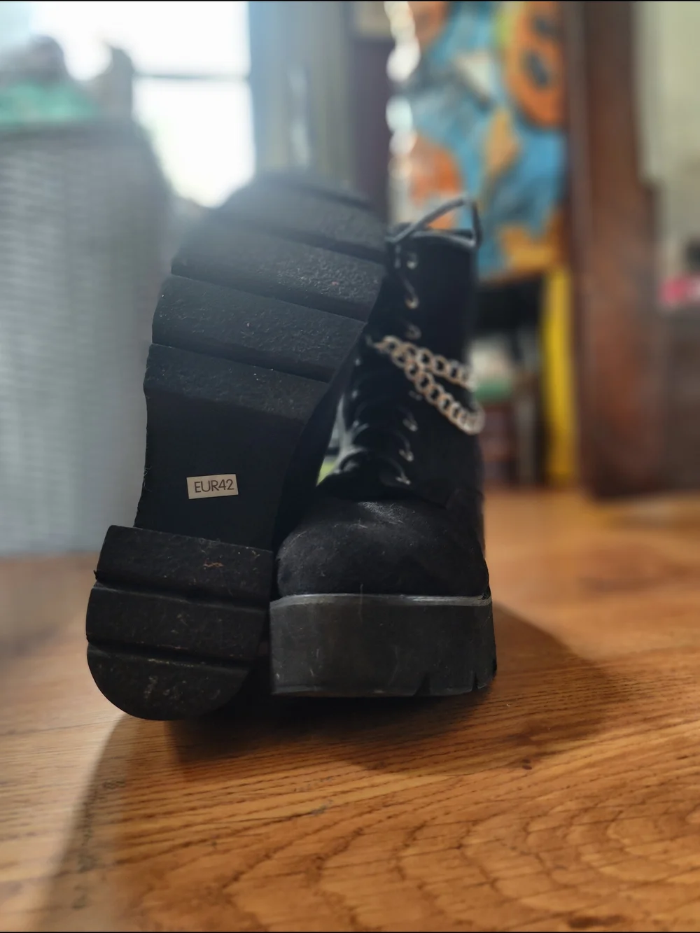 Black Platform Lace-Up Ankle Boots with Silver Chain Accent